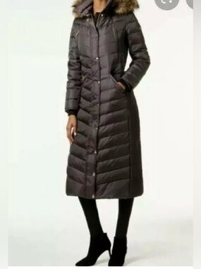 Michael Kors maxi down puffer jacket coat hooded gunmetal grey S